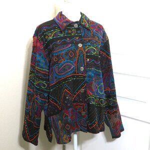 Chico's Embroidered Abstract Art Overlay Jacket Paisley  Multicolor Button Front